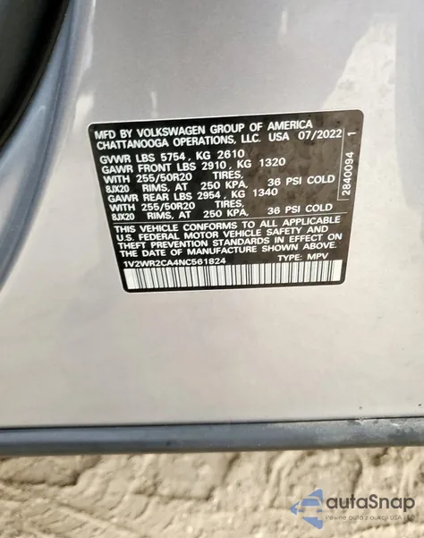 2022 Volkswagen Atlas Se from USA, damaged, VIN 1V2WR2CA4NC561824